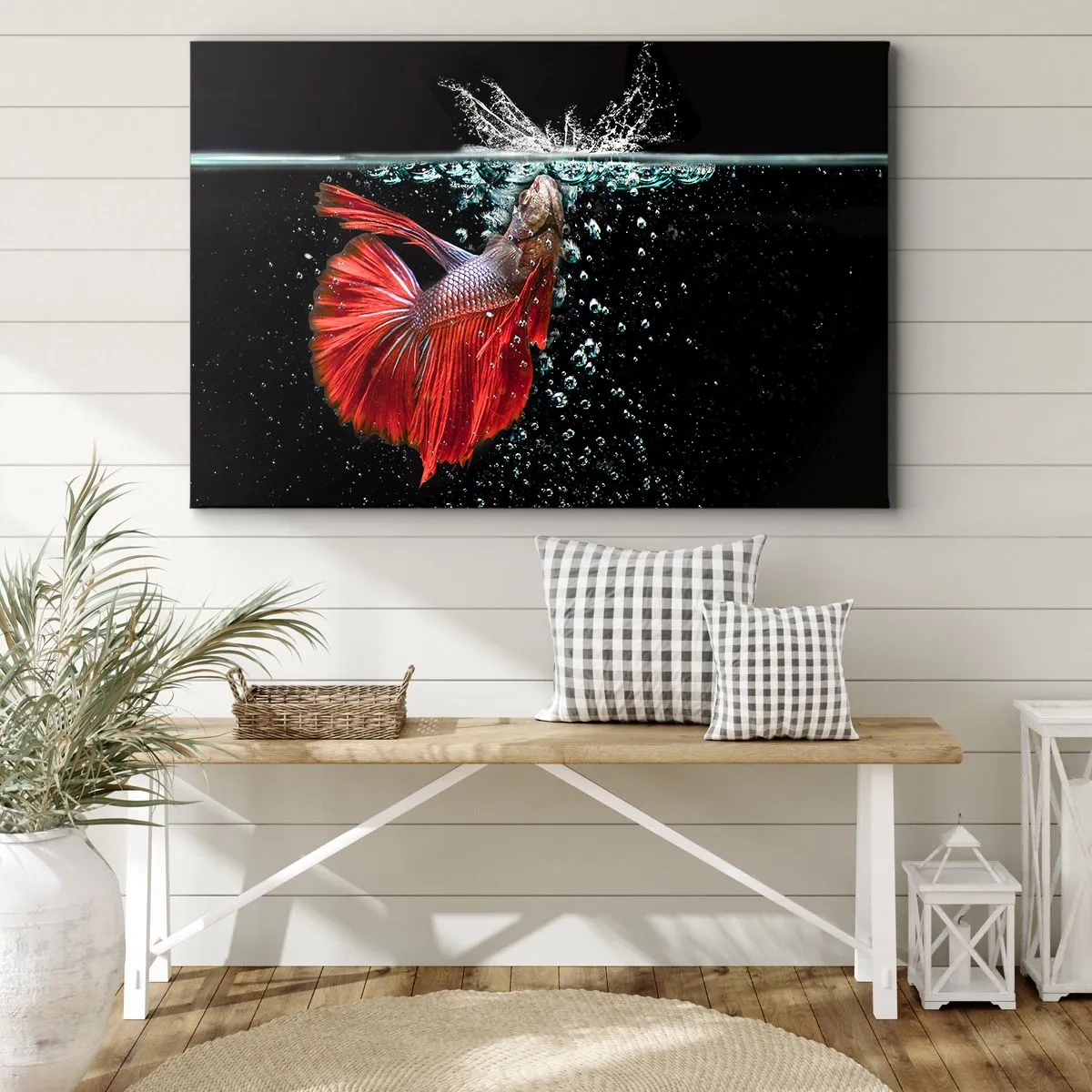 Quadro em tela - Um betta magnífico na água contra um fundo escuro - 70x50cm - Tens três desejos - Decoração de parede moderna para a sala de estar e quarto ARTTOR