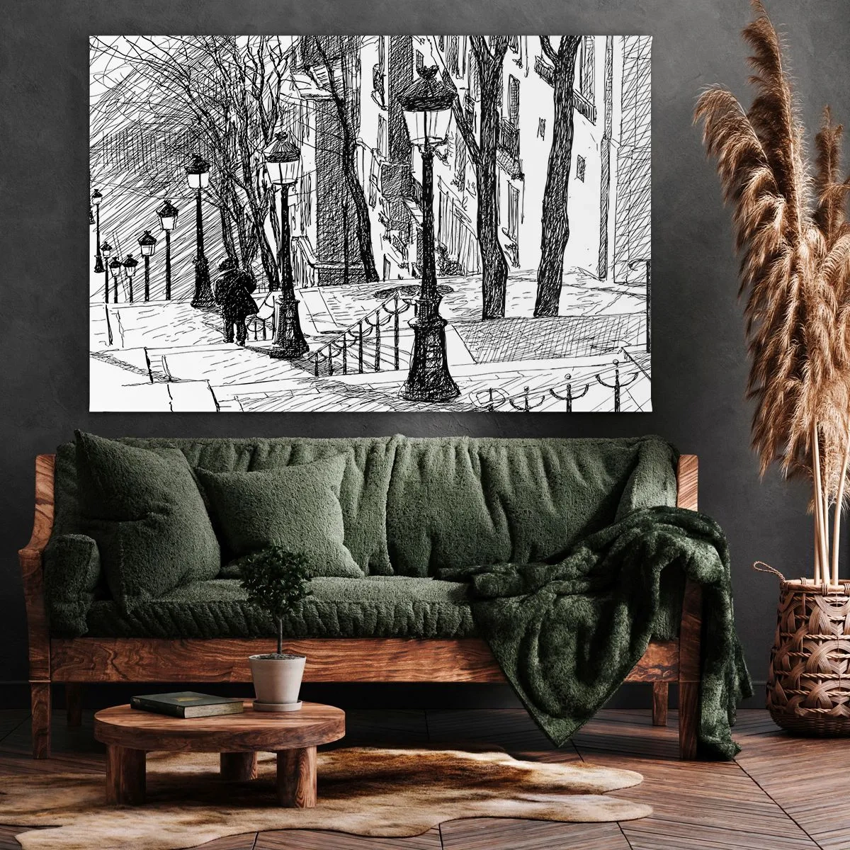 Quadro em tela - Uma rua com lâmpadas e uma silhueta humana em técnica de esboço - 70x50cm - Uma história de amor ou uma história de terror? - Decoração de parede moderna para a sala de estar e quarto ARTTOR