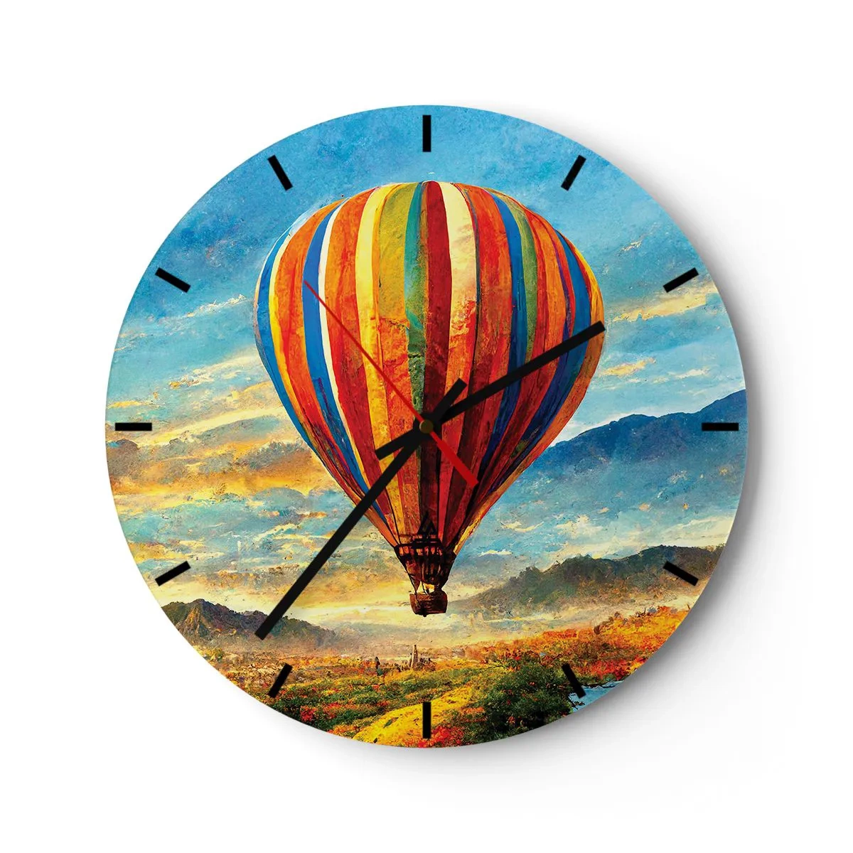 Relógio de parede - Relógio em vidro - Um balão colorido contra uma paisagem montanhosa ao nascer do sol - 30x30cm - Com silêncio enxergas mais - Decoração de parede moderna para a sala de estar, cozinha e quarto ARTTOR