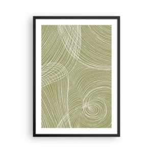Pôster com moldura preta - Uma composição abstrata em tons de verde com linhas dinâmicas. - 50x70cm - Abstração intrincada em branco - Decoração de parede moderna para a sala de estar e quarto ARTTOR
