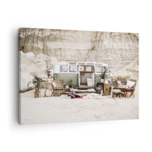 Quadro em tela - Um trailer retrô com design boho em meio a uma paisagem rochosa. - 70x50cm - É hora de começar a jornada - Decoração de parede moderna para a sala de estar e quarto ARTTOR