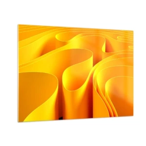 Quadro em vidro - Ondas abstratas em tons de dourado e laranja - 70x50cm - Como as ondas do sol - Decoração de parede moderna para a sala de estar e quarto ARTTOR