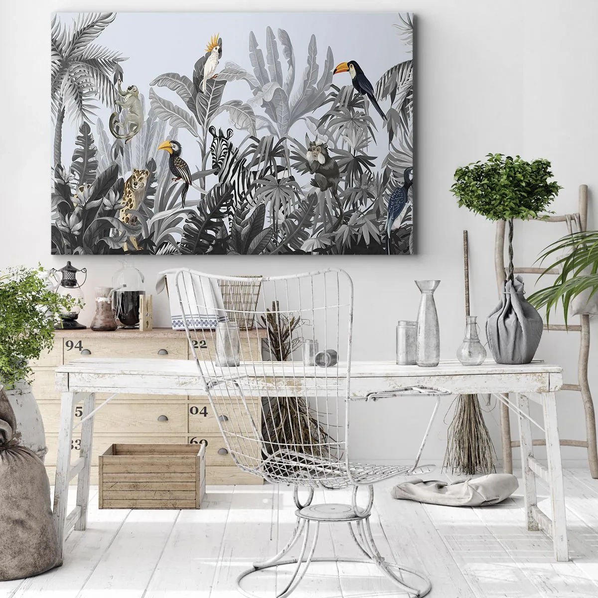 Quadro em tela - Selva tropical com animais exóticos em um fundo cinza - 70x50cm - Conto de fadas africano - Decoração de parede moderna para a sala de estar e quarto ARTTOR