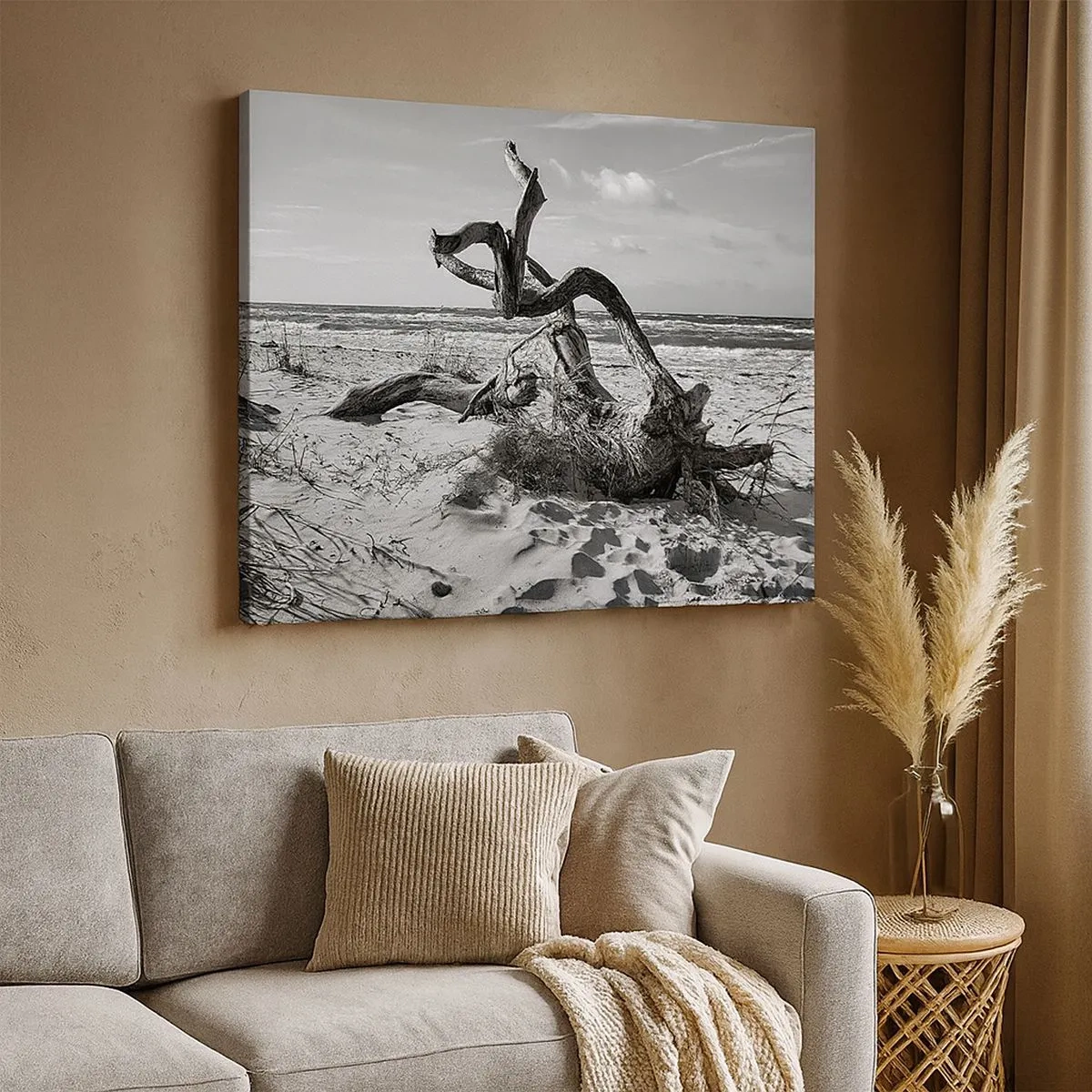 Quadro em tela - Paisagem em preto e branco com uma árvore morta na praia - 70x50cm - Escultura do mar - Decoração de parede moderna para a sala de estar e quarto ARTTOR