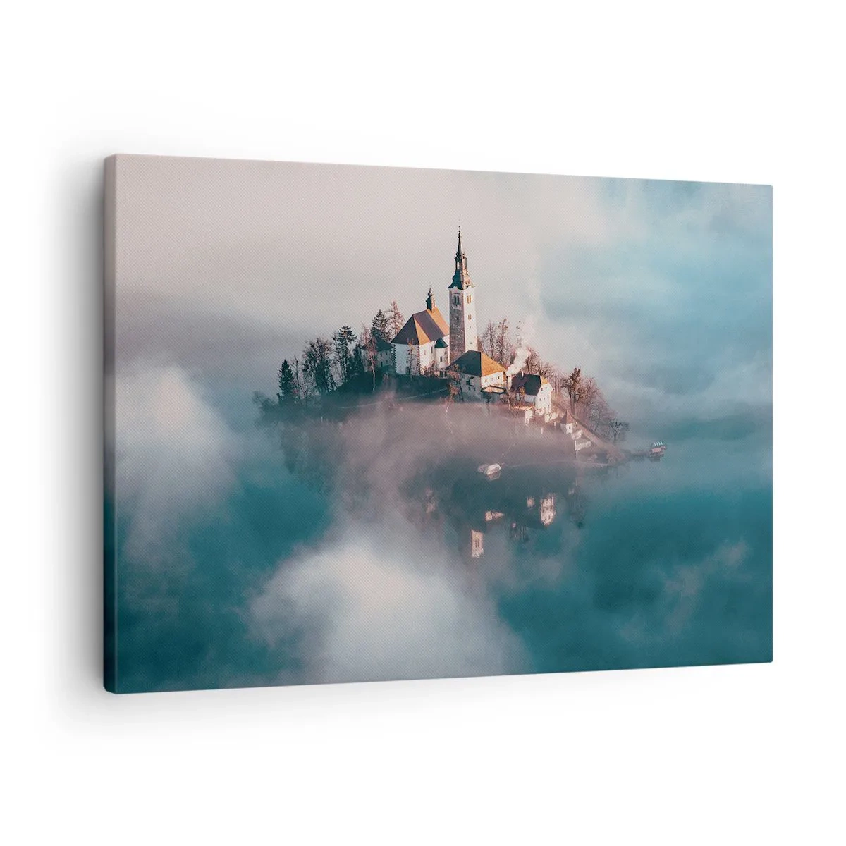 Quadro em tela - Uma ilha pitoresca com uma igreja cercada por neblina - 70x50cm - A ilha dos Sonhos - Decoração de parede moderna para a sala de estar e quarto ARTTOR