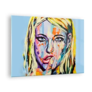 Quadro em vidro - Um retrato colorido de uma mulher com uma expressão pensativa - 70x50cm - Olhe-a diretamente nos olhos - Decoração de parede moderna para a sala de estar e quarto ARTTOR