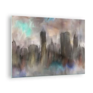 Quadro em vidro - Imagem abstrata de uma cidade com arranha-céus - 70x50cm - Composição de aço, pedra e névoa - Decoração de parede moderna para a sala de estar e quarto ARTTOR