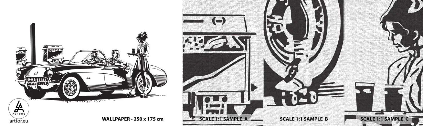 Amostra de papel de parede Premium Canvas - 60º - América Despreocupada - Carro antigo, Posto de gasolina, América - 100x30 cm