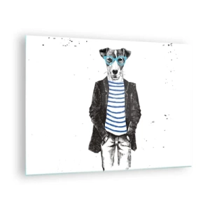 Quadro em vidro - Ilustração de um cachorro vestindo uma camisa de marinheiro e óculos em um fundo branco - 70x50cm - O charme do cão - Decoração de parede moderna para a sala de estar e quarto ARTTOR
