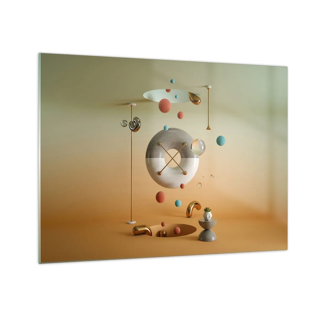 Quadro em vidro - Figuras geométricas em tons pastéis em um espaço abstrato - 70x50cm - Nada pode acontecer - Decoração de parede moderna para a sala de estar e quarto ARTTOR
