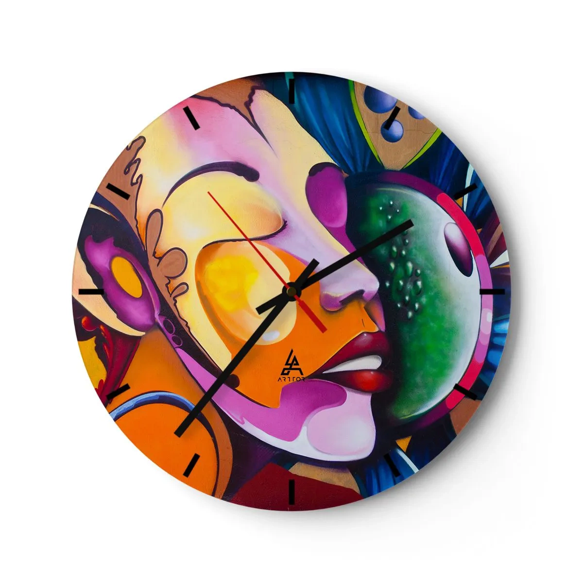 Relógio de parede - Relógio em vidro - Um retrato abstrato em cores vibrantes com formas surreais. - 30x30cm - Toque de cor - Decoração de parede moderna para a sala de estar, cozinha e quarto ARTTOR