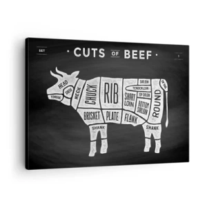 Quadro em tela - Diagrama de cortes de carne bovina em fundo preto - 70x50cm - Cartilha do talhante - Decoração de parede moderna para a sala de estar e quarto ARTTOR