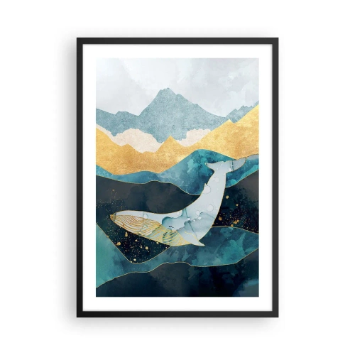 Pôster com moldura preta - Uma baleia abstrata flutuando entre ondas douradas. - 50x70cm - A beleza fresca do norte - Decoração de parede moderna para a sala de estar e quarto ARTTOR