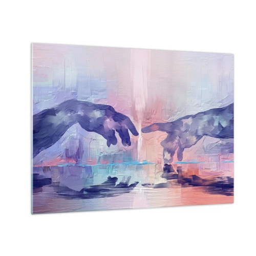 Quadro em vidro - Mãos abstratas se aproximando sobre um fundo pastel. - 70x50cm - Faísca divina da vida - Decoração de parede moderna para a sala de estar e quarto ARTTOR