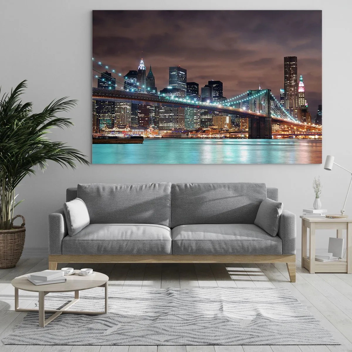 Quadro em vidro - Panorama noturno da cidade com a ponte iluminada - 70x50cm - Luzes de uma cidade grande - Decoração de parede moderna para a sala de estar e quarto ARTTOR