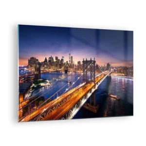 Quadro em vidro - A ponte tendo como pano de fundo o panorama noturno da cidade com arranha-céus iluminados - 70x50cm - Uma ponte luminosa para o coração da cidade - Decoração de parede moderna para a sala de estar e quarto ARTTOR