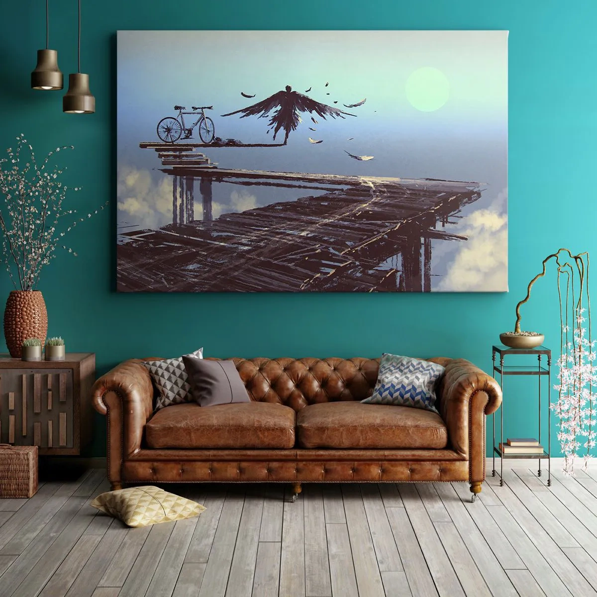 Quadro em tela - Uma figura com penas paira sobre uma ponte de madeira ao lado de uma bicicleta. - 70x50cm - Ícaro eternamente vivo - Decoração de parede moderna para a sala de estar e quarto ARTTOR