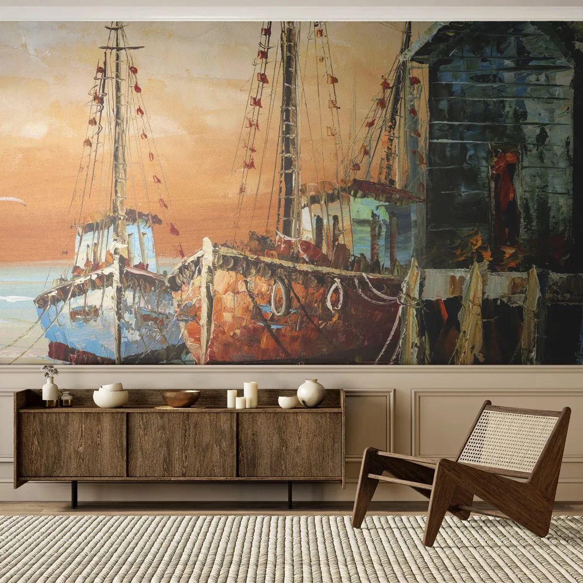 Papel de Parede Standard Eco - Um regresso tranquilo - Barco de pesca, Porto de pesca, Pedaço - 400x280 cm
