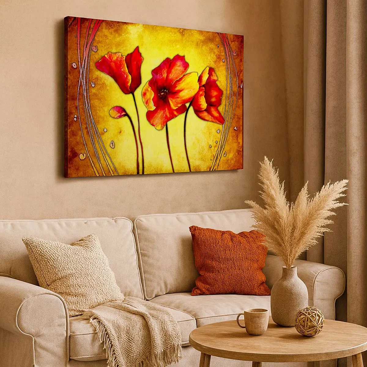 Quadro em tela - Flores vermelhas e amarelas sobre fundo dourado com padrões decorativos - 70x50cm - Decoração da secessão  - Decoração de parede moderna para a sala de estar e quarto ARTTOR