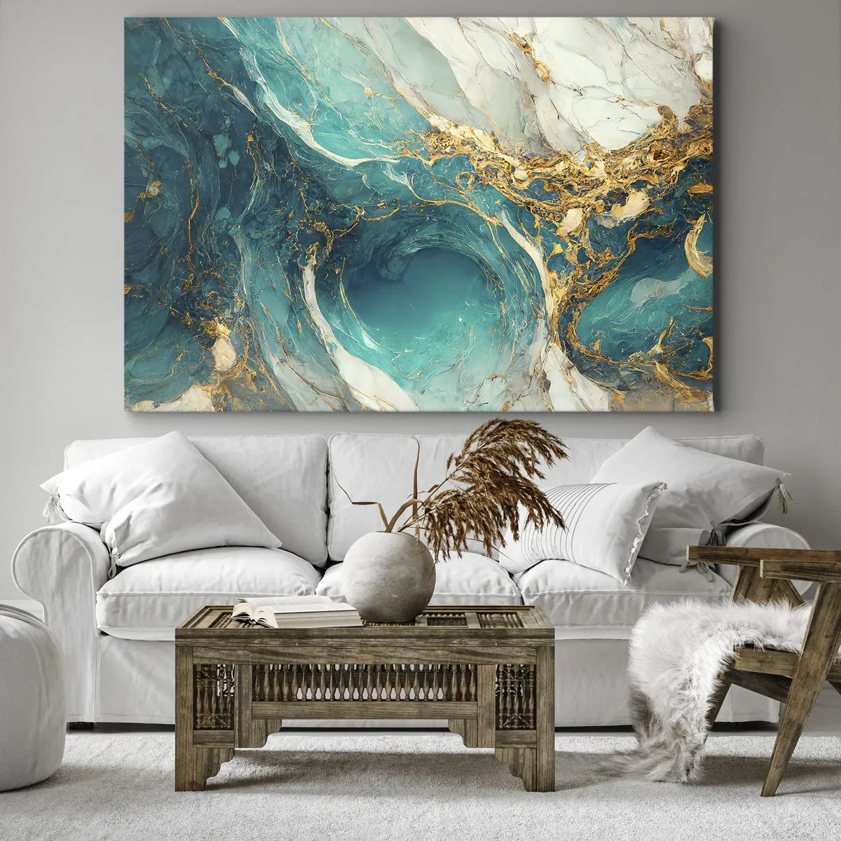 Quadro em tela - Uma composição abstrata em tons de turquesa e dourado. - 70x50cm - Composição com veios d'ouro - Decoração de parede moderna para a sala de estar e quarto ARTTOR