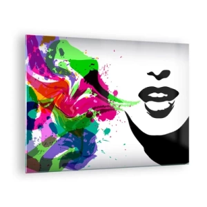 Quadro em vidro - Uma abstração colorida com um perfil feminino e toques de cor. - 70x50cm - Uma história nas cores do arco-íris - Decoração de parede moderna para a sala de estar e quarto ARTTOR