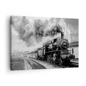 Quadro em tela - Uma locomotiva a vapor em preto e branco contra uma paisagem montanhosa - 70x50cm - À espera na estação... - Decoração de parede moderna para a sala de estar e quarto ARTTOR