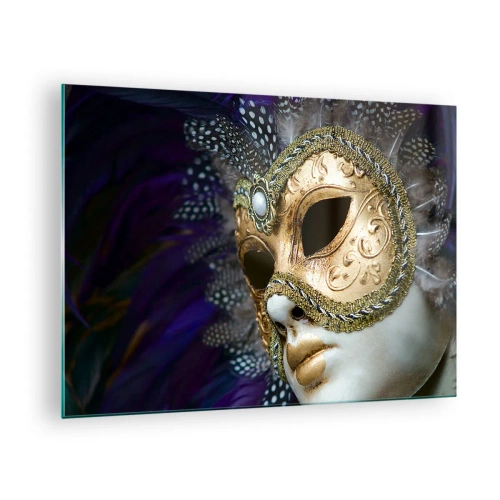 Quadro em vidro - Máscara veneziana dourada com penas sobre fundo roxo - 70x50cm - Retrato veneziano em ouro - Decoração de parede moderna para a sala de estar e quarto ARTTOR