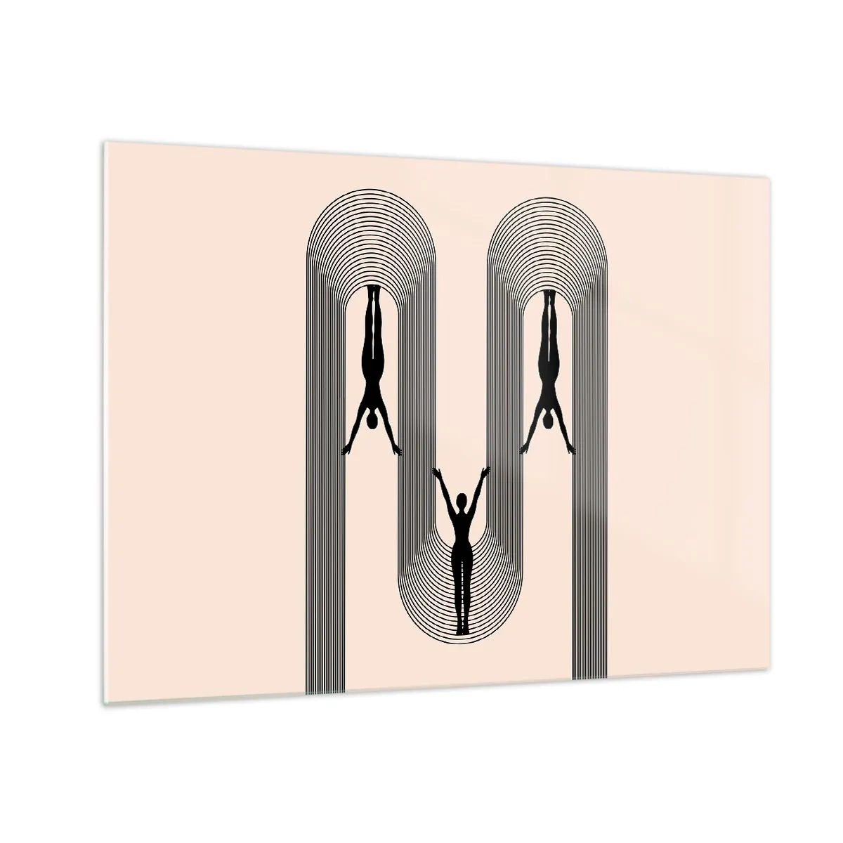 Quadro em vidro - Silhuetas negras de figuras suspensas em arcos rítmicos - 70x50cm - De cabeça para baixo - Decoração de parede moderna para a sala de estar e quarto ARTTOR