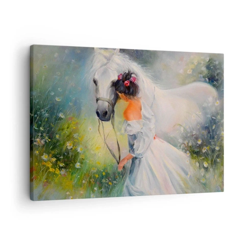 Quadro em tela - Uma mulher com um cavalo branco em um cenário pitoresco - 70x50cm - Como um belo sonho - Decoração de parede moderna para a sala de estar e quarto ARTTOR
