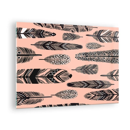 Quadro em vidro - Penas decorativas com padrões pretos e brancos sobre fundo rosa - 70x50cm - Colecção Indiana - Decoração de parede moderna para a sala de estar e quarto ARTTOR