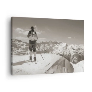 Quadro em tela - Um esquiador no topo de uma montanha em preto e branco - 70x50cm - E as montanhas são as mesmas - Decoração de parede moderna para a sala de estar e quarto ARTTOR