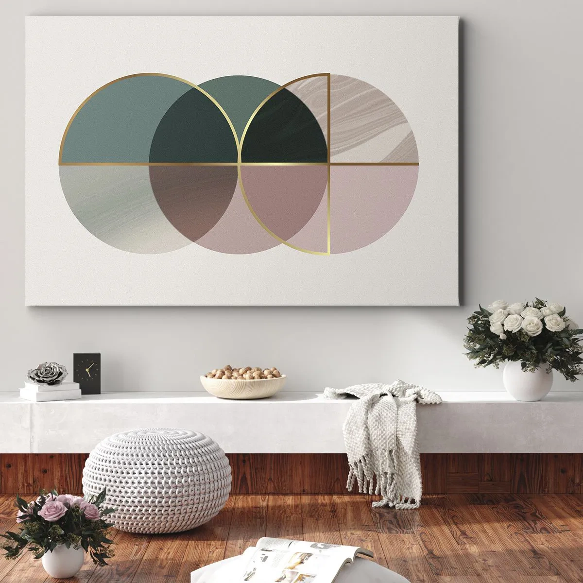 Quadro em tela - Uma composição abstrata de formas geométricas e linhas douradas. - 70x50cm - Círculo entre círculos… - Decoração de parede moderna para a sala de estar e quarto ARTTOR