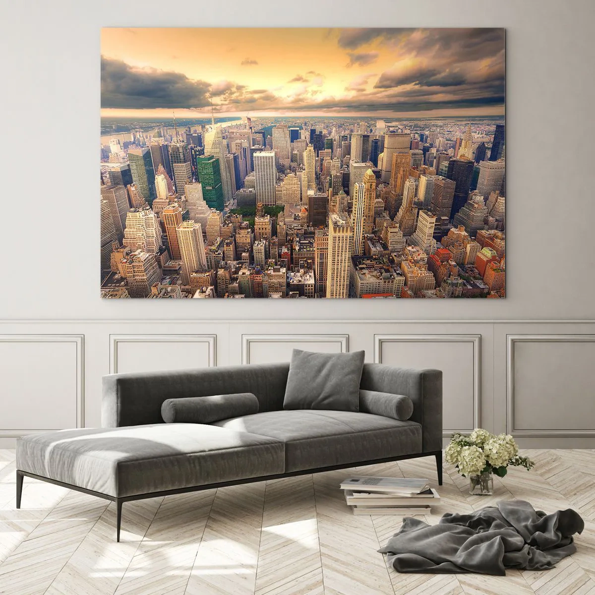 Quadro em vidro - Panorama da cidade com arranha-céus ao pôr do sol - 70x50cm - Metrópole dourada - Decoração de parede moderna para a sala de estar e quarto ARTTOR