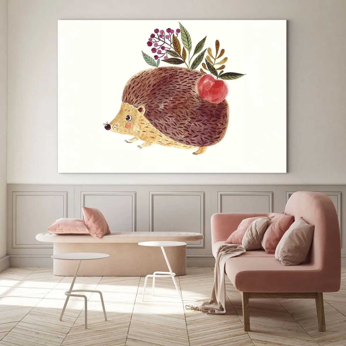 Quadro em vidro - Um ouriço de desenho animado com uma maçã e galhos nas costas - 70x50cm - Já gostas de mim - Decoração de parede moderna para a sala de estar e quarto ARTTOR