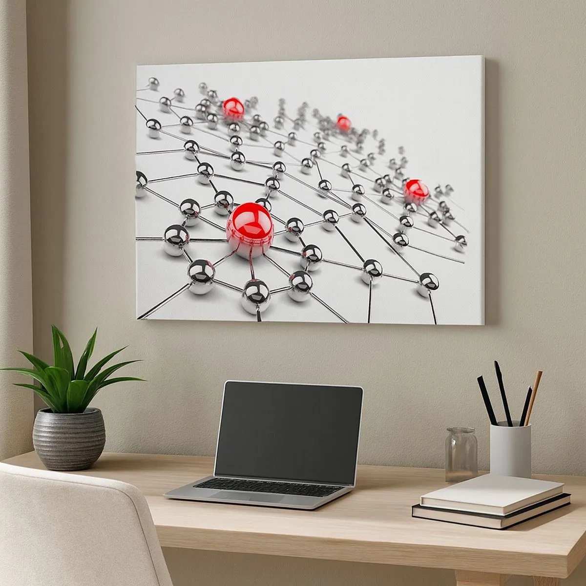 Quadro em tela - Uma rede de bolas metálicas com detalhes em vermelho - 70x50cm - Rede de Prata - Decoração de parede moderna para a sala de estar e quarto ARTTOR