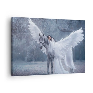 Quadro em tela - Uma mulher em um cavalo branco com asas em uma floresta mágica - 70x50cm - Momento inspirado - Decoração de parede moderna para a sala de estar e quarto ARTTOR