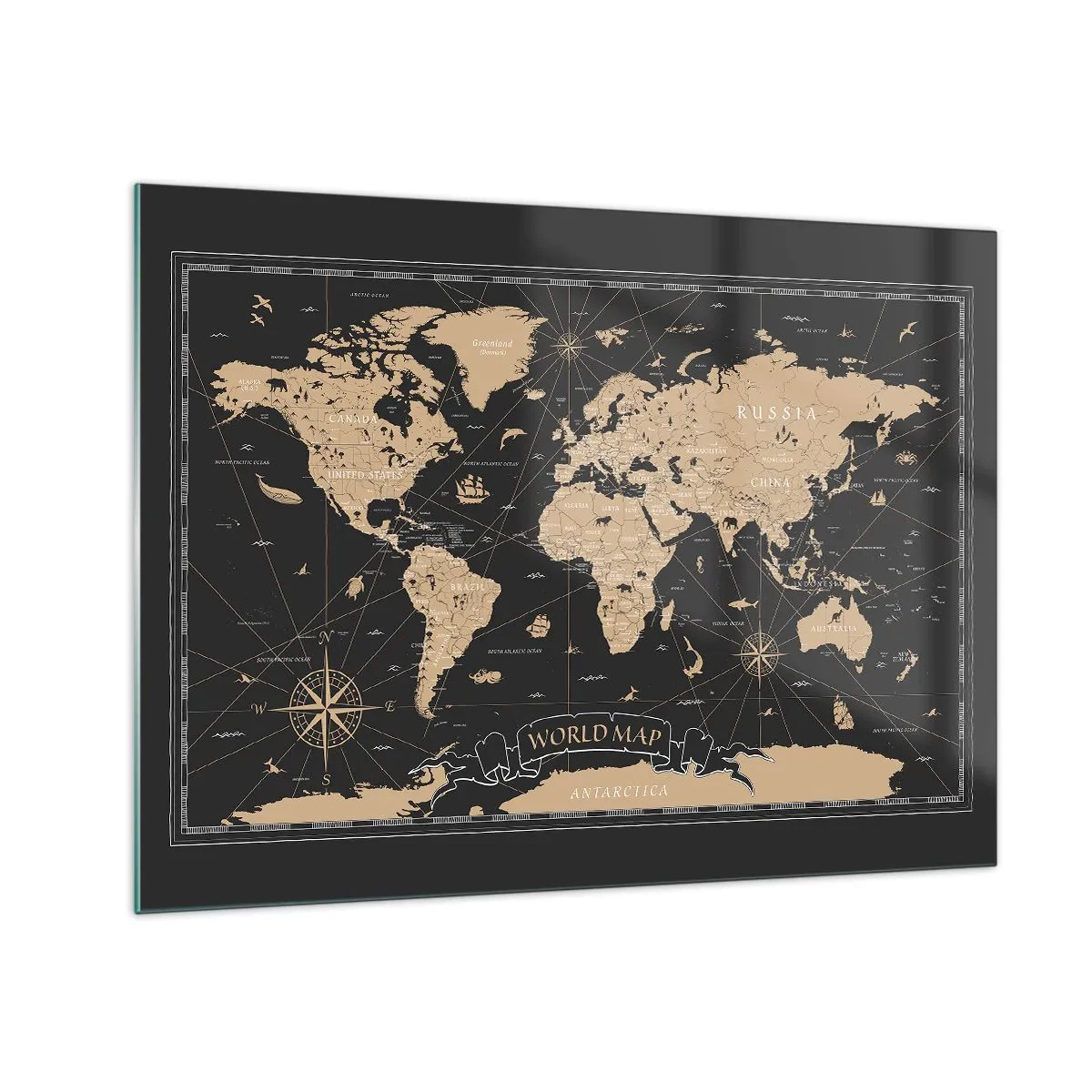 Quadro em vidro - Mapa-múndi estilizado em tons de bege e preto - 70x50cm - Os limites do meu mundo - Decoração de parede moderna para a sala de estar e quarto ARTTOR