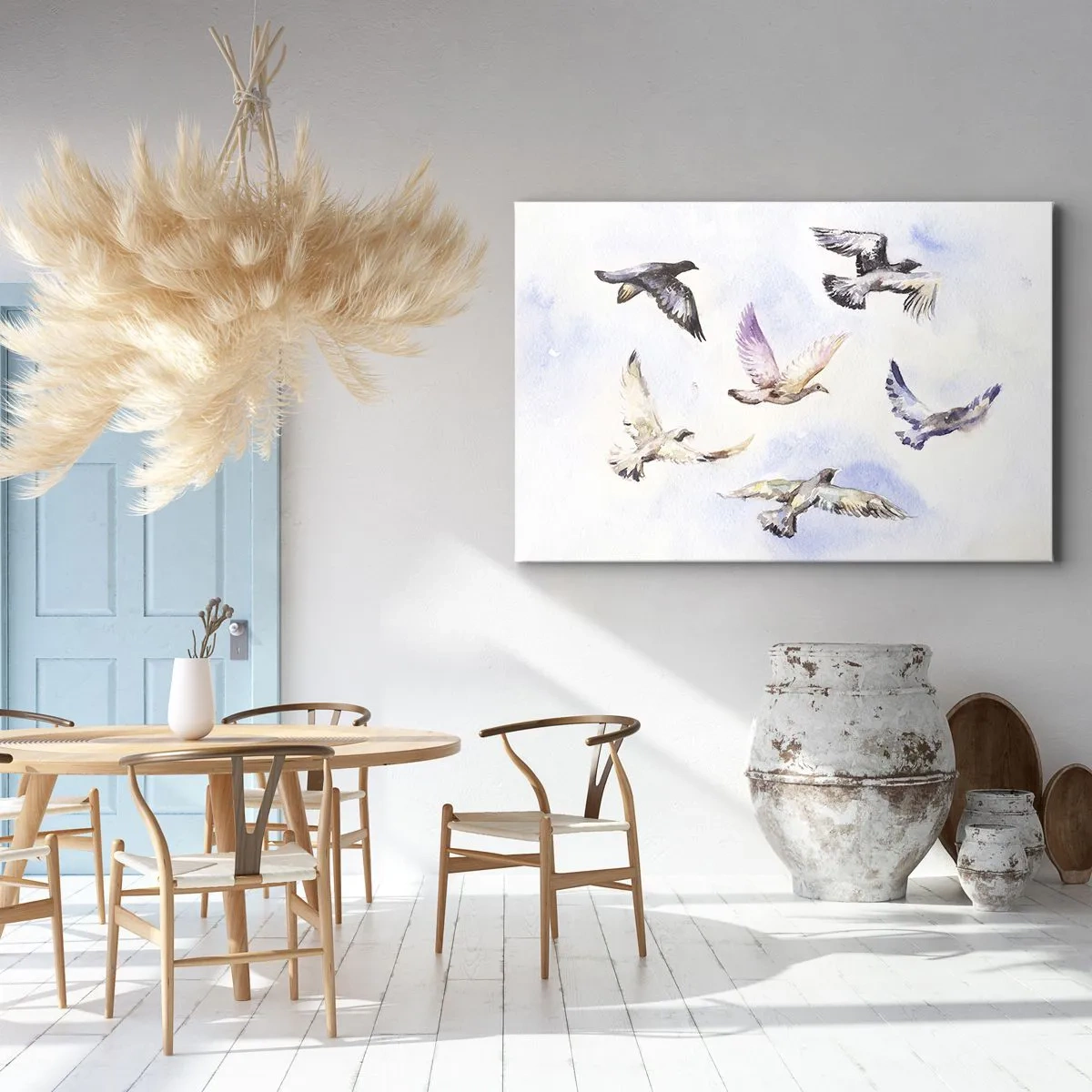 Quadro em tela - Pássaros em aquarela voando contra um céu delicado - 70x50cm - Liberdade em cinza e azul - Decoração de parede moderna para a sala de estar e quarto ARTTOR