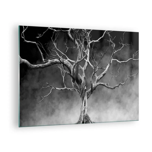 Quadro em vidro - Árvore negra contra a neblina - 70x50cm - Primitivo e sagrado - Decoração de parede moderna para a sala de estar e quarto ARTTOR