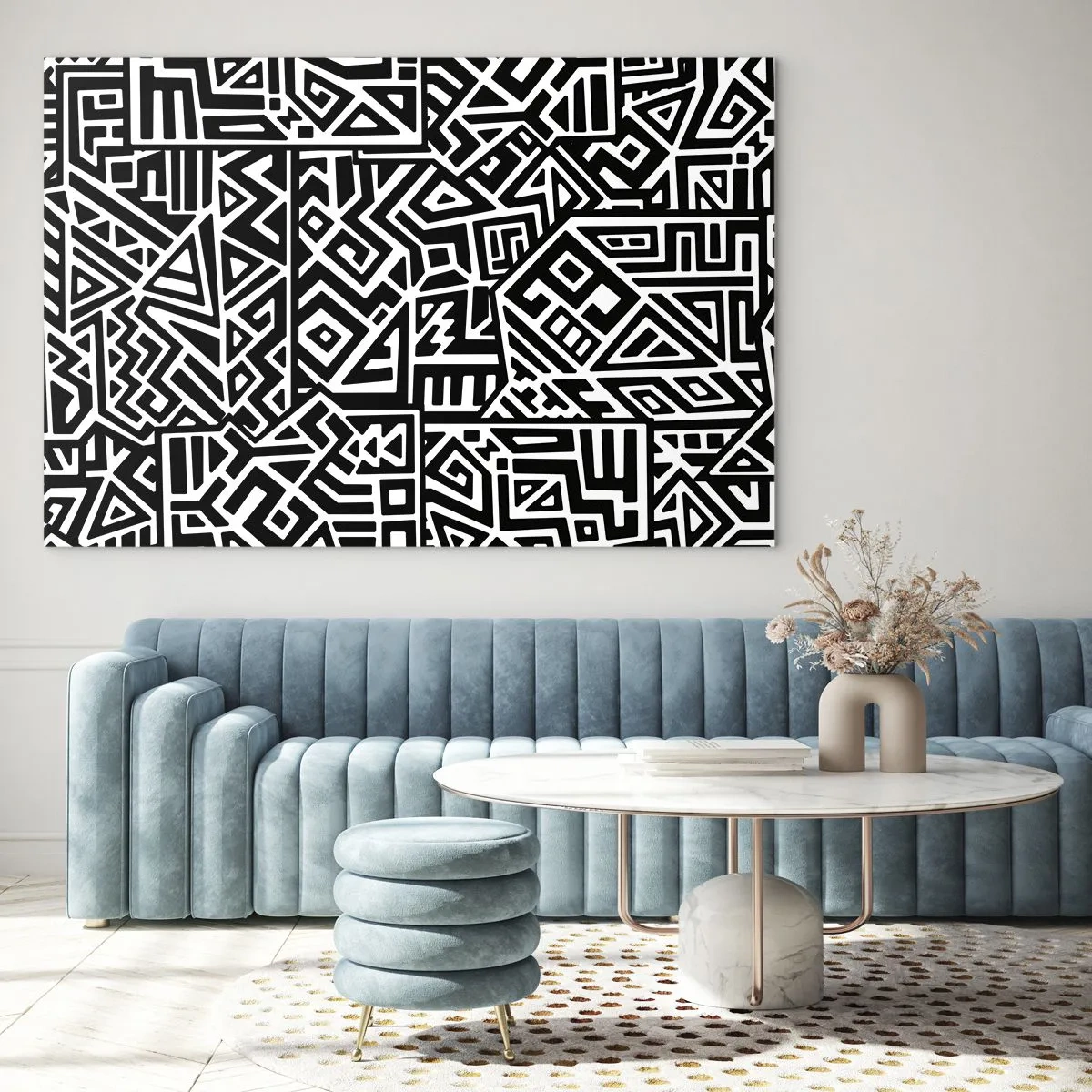 Quadro em vidro - Padrão preto e branco inspirado na arte tribal - 70x50cm - Composição pré-colombiana - Decoração de parede moderna para a sala de estar e quarto ARTTOR