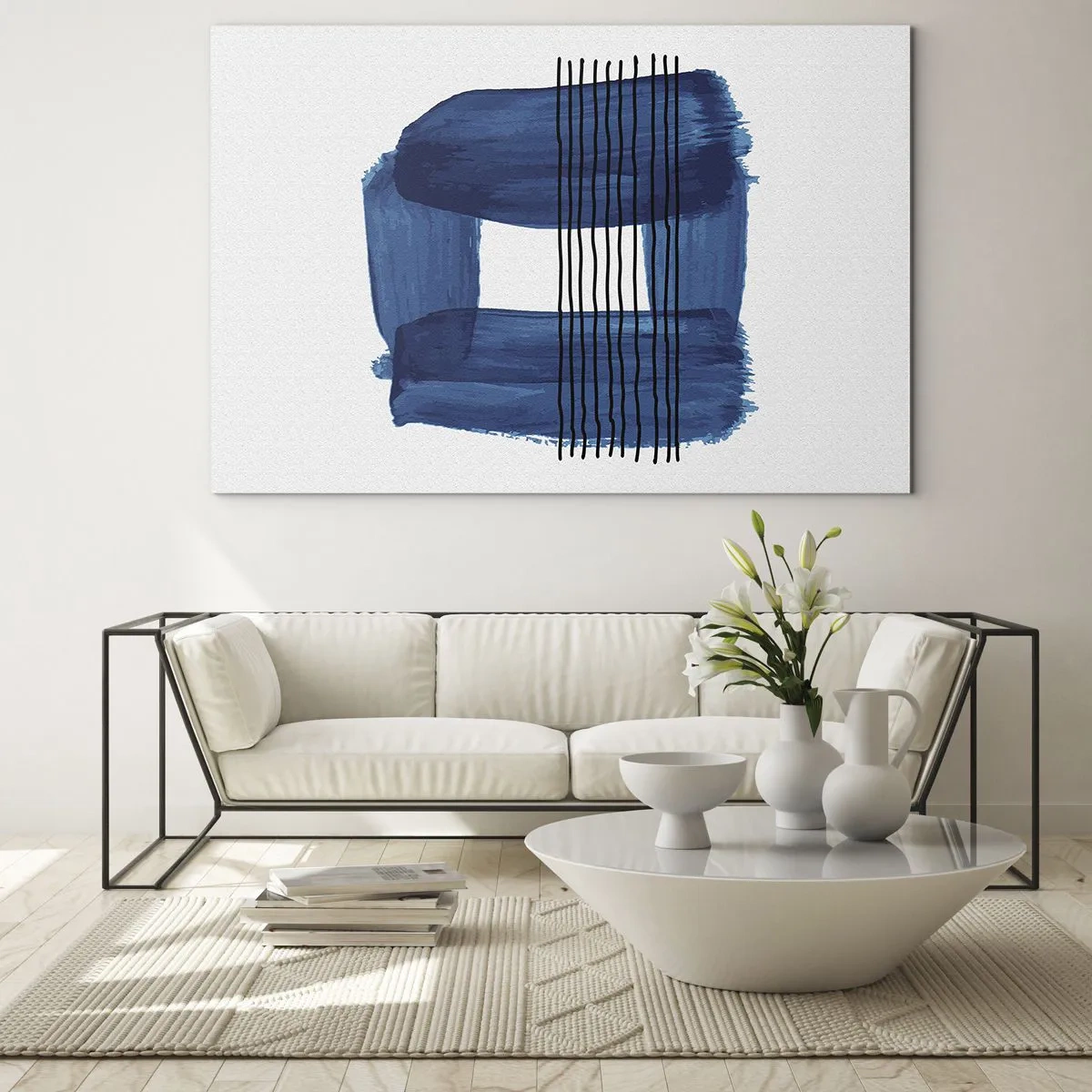 Quadro em vidro - Abstração moderna em tons de azul - 70x50cm - Composição azul-negra - Decoração de parede moderna para a sala de estar e quarto ARTTOR