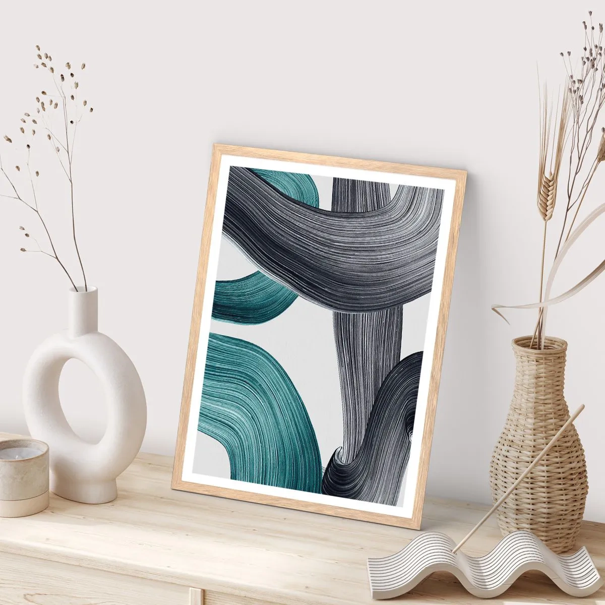 Pôster com moldura de carvalho claro - Trilhas esmeralda e preta - 70x100 cm