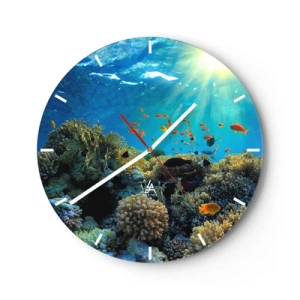 Relógio de parede - Relógio em vidro - Recife de corais coloridos com peixes sob os raios do sol - 30x30cm - Tesouros subaquáticos - Decoração de parede moderna para a sala de estar, cozinha e quarto ARTTOR
