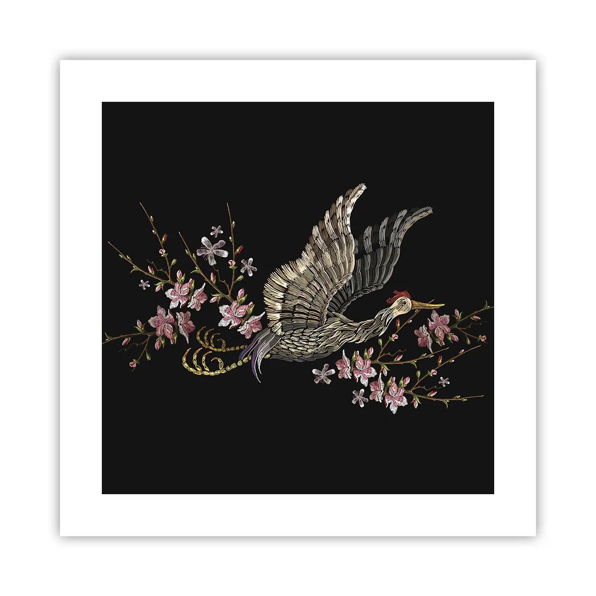 Pôster - Pássaro exótico e bordado - 40x40 cm