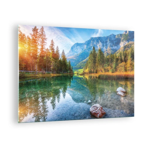 Quadro em vidro - Um lago de montanha cercado por florestas e picos majestosos - 70x50cm - A suavidade do outono - Decoração de parede moderna para a sala de estar e quarto ARTTOR