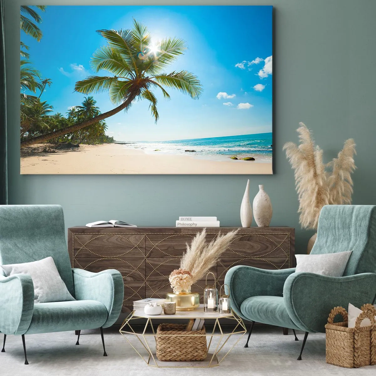 Quadro em tela - Uma praia com palmeiras em uma paisagem tropical - 70x50cm - Não mostre a ninguém - Decoração de parede moderna para a sala de estar e quarto ARTTOR