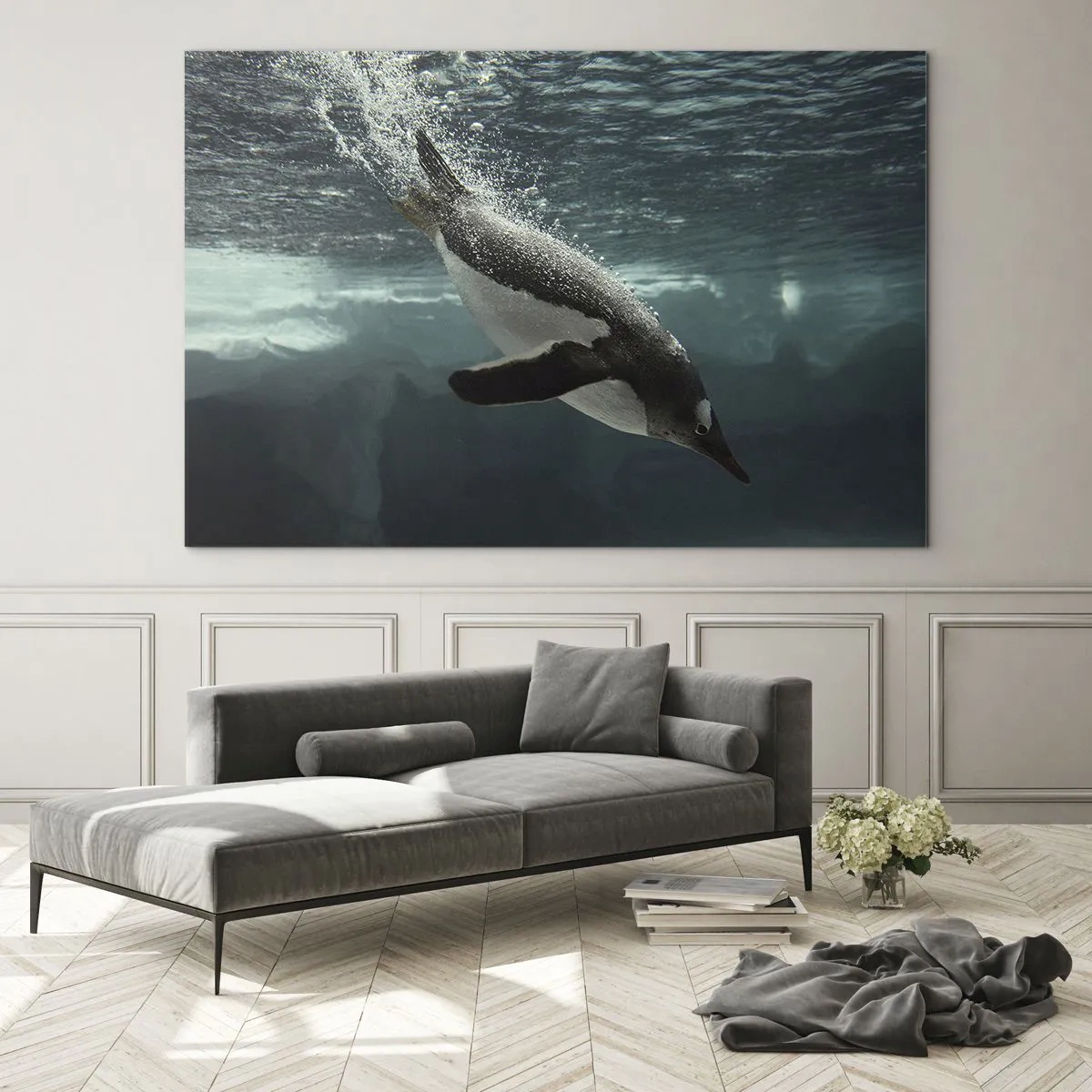 Quadro em vidro - Pinguim subaquático - 70x50cm - Bem-vindo ao meu mundo - Decoração de parede moderna para a sala de estar e quarto ARTTOR