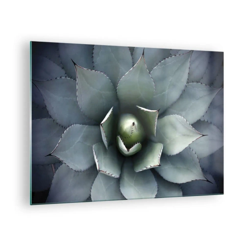 Quadro em vidro - Um close-up das folhas simétricas de agave, de cor aço. - 70x50cm - Atrai e adverte - Decoração de parede moderna para a sala de estar e quarto ARTTOR