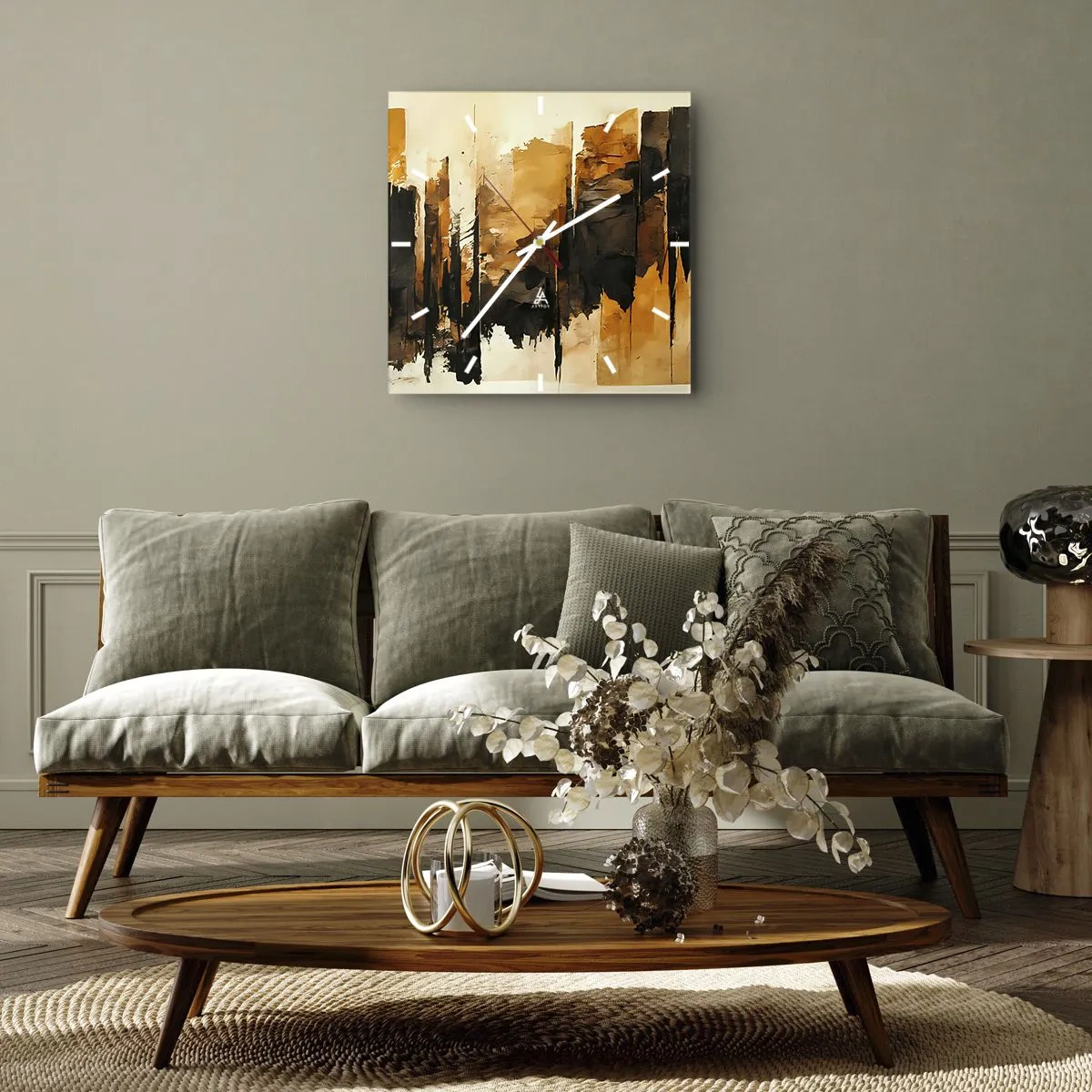 Relógio de parede - Relógio em vidro - Harmonia de preto e dourado - 30x30 cm