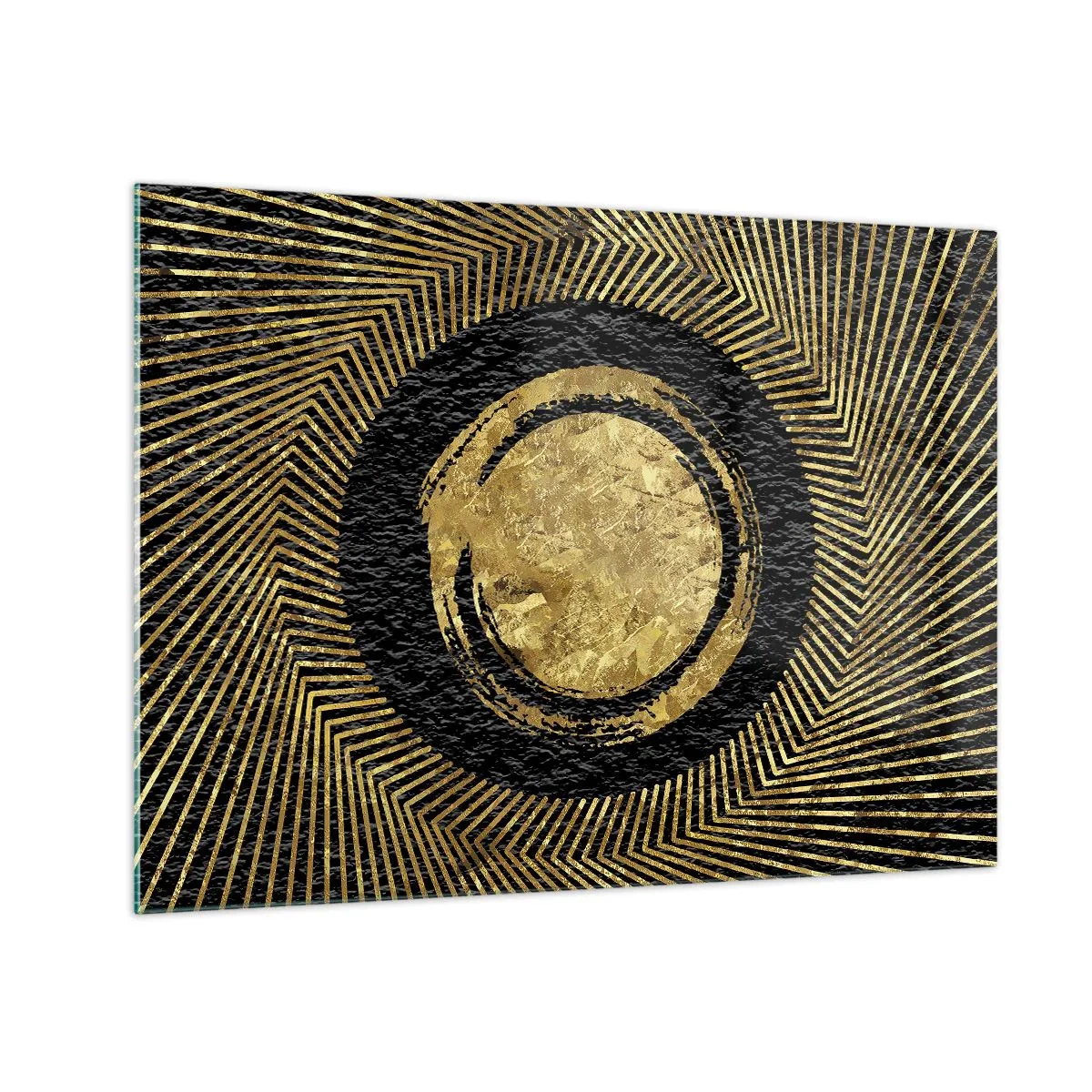 Quadro em vidro - Círculo dourado com raios em um fundo preto em um estilo glamoroso - 70x50cm - Composição glamourosa - Decoração de parede moderna para a sala de estar e quarto ARTTOR